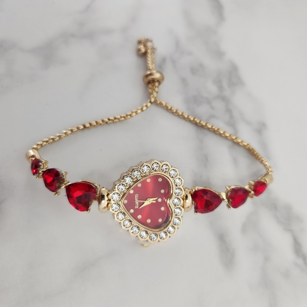 Vintage Red Casual Heart Shape Jewelry With Rhinestones Womens Watch - Picture 4 of 12